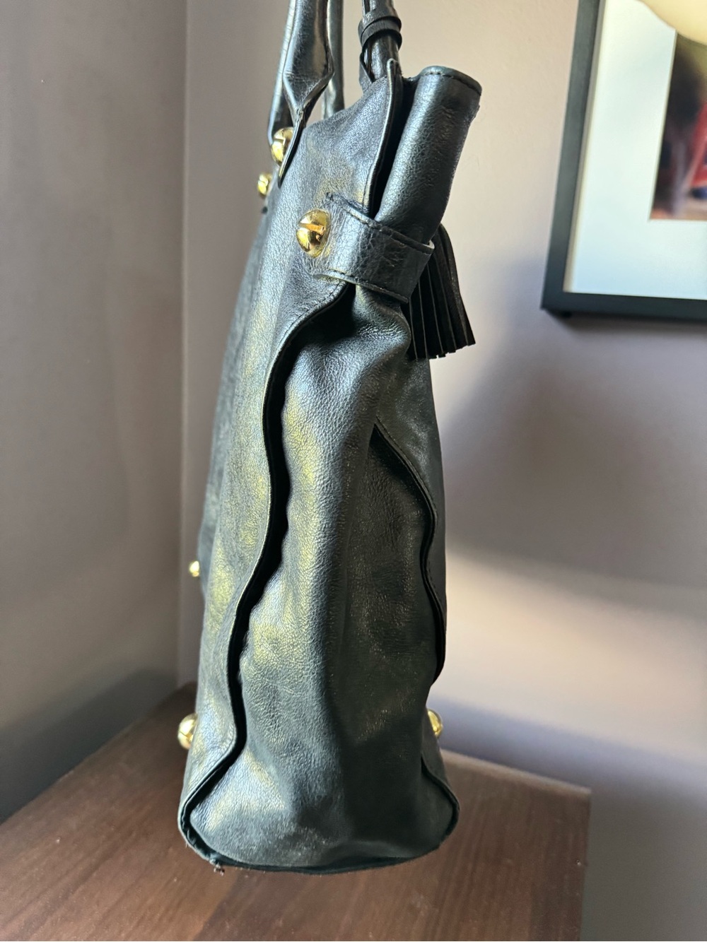 Rare vintage genuine leather Betsey Johnson black tote chain heart boho - Picture 7 of 12